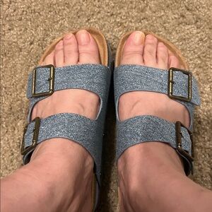 BAMBOO Denim-Look Double Buckle Platform Sandals in Light Blue